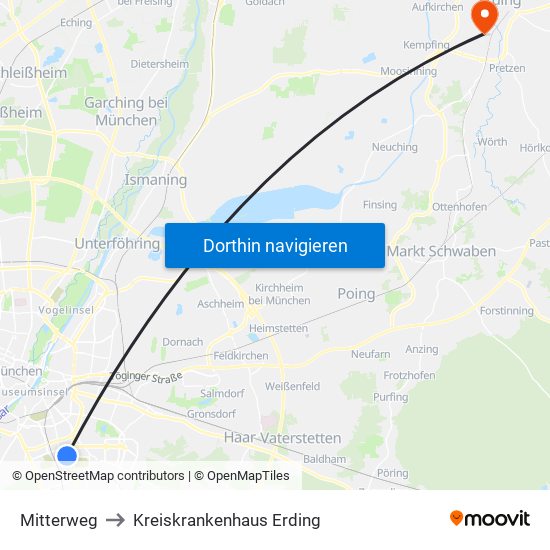 Mitterweg to Kreiskrankenhaus Erding map