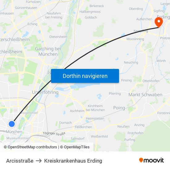 Arcisstraße to Kreiskrankenhaus Erding map