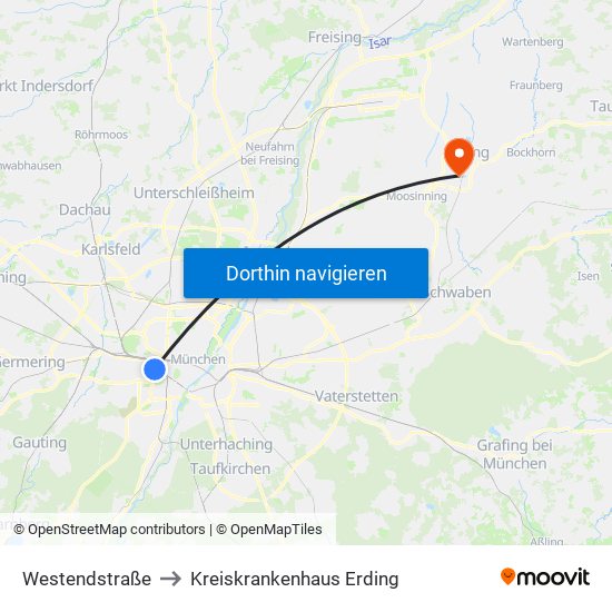 Westendstraße to Kreiskrankenhaus Erding map