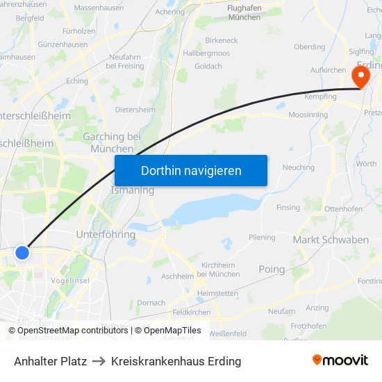 Anhalter Platz to Kreiskrankenhaus Erding map