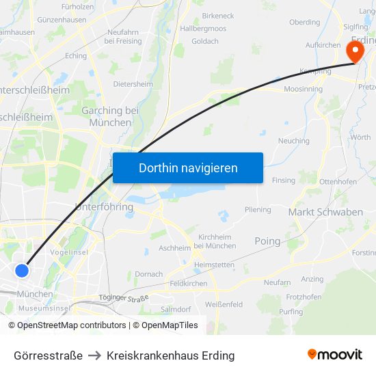 Görresstraße to Kreiskrankenhaus Erding map