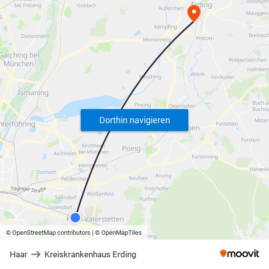 Haar to Kreiskrankenhaus Erding map