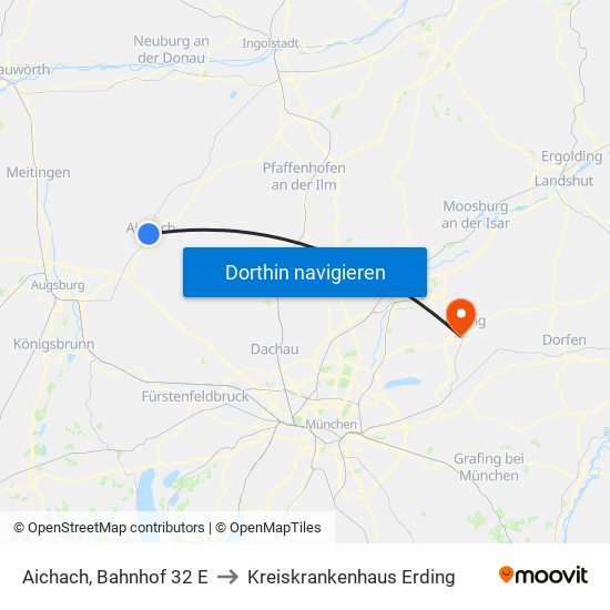 Aichach, Bahnhof 32 E to Kreiskrankenhaus Erding map