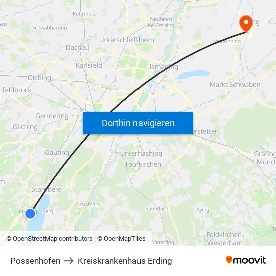 Possenhofen to Kreiskrankenhaus Erding map