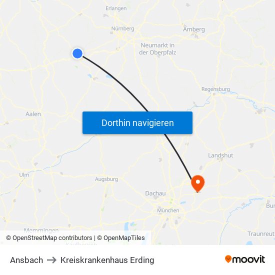 Ansbach to Kreiskrankenhaus Erding map