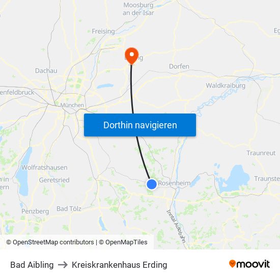 Bad Aibling to Kreiskrankenhaus Erding map