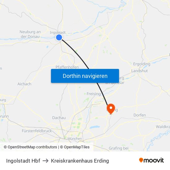 Ingolstadt Hbf to Kreiskrankenhaus Erding map