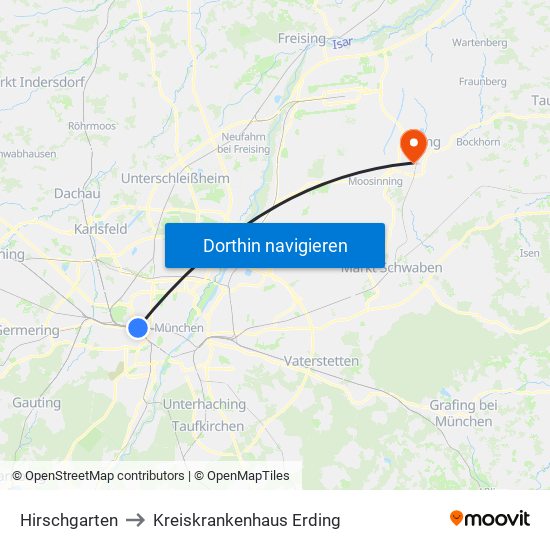 Hirschgarten to Kreiskrankenhaus Erding map