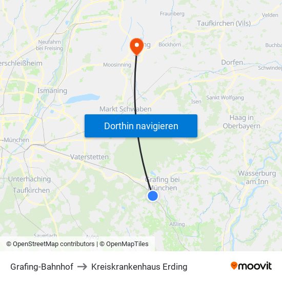 Grafing-Bahnhof to Kreiskrankenhaus Erding map