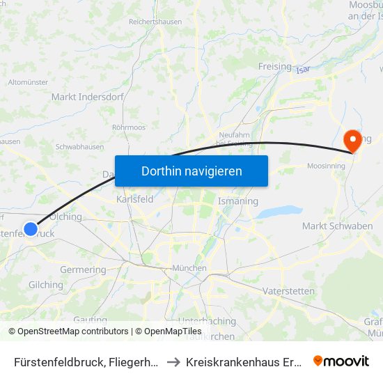 Fürstenfeldbruck, Fliegerhorst to Kreiskrankenhaus Erding map