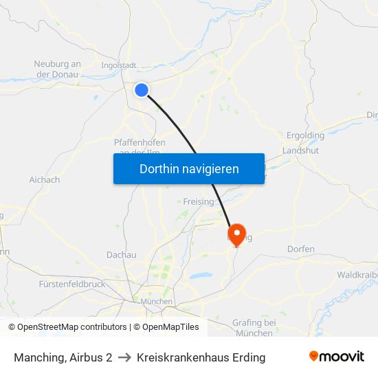 Manching, Airbus 2 to Kreiskrankenhaus Erding map