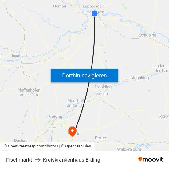 Fischmarkt to Kreiskrankenhaus Erding map