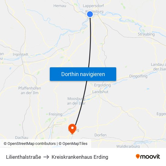 Lilienthalstraße to Kreiskrankenhaus Erding map