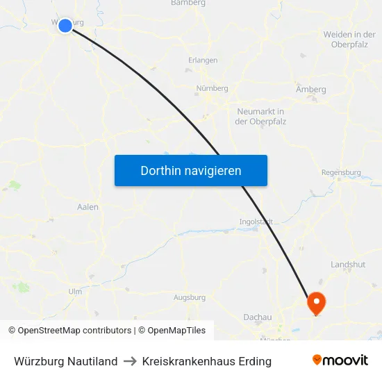 Würzburg Nautiland to Kreiskrankenhaus Erding map