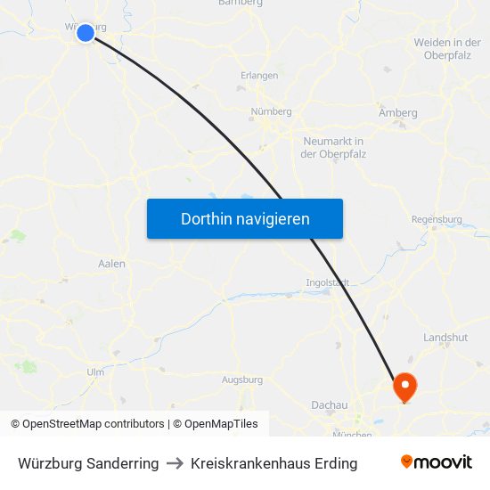 Würzburg Sanderring to Kreiskrankenhaus Erding map