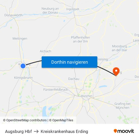 Augsburg Hbf to Kreiskrankenhaus Erding map