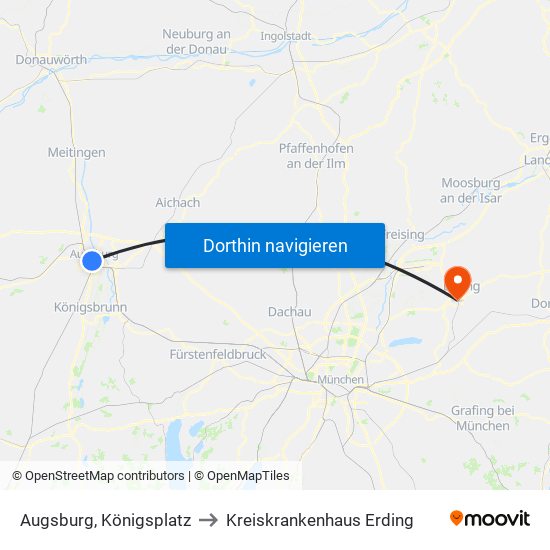 Augsburg, Königsplatz to Kreiskrankenhaus Erding map