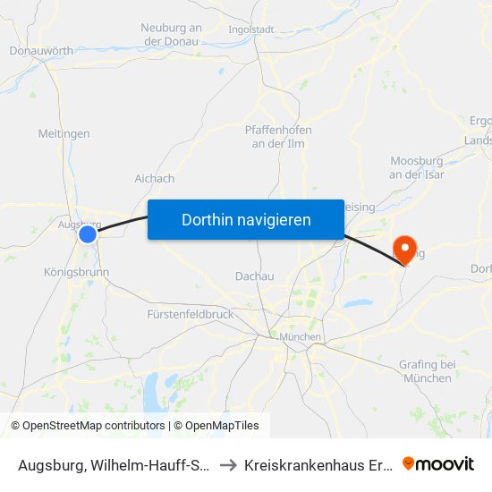 Augsburg, Wilhelm-Hauff-Straße to Kreiskrankenhaus Erding map