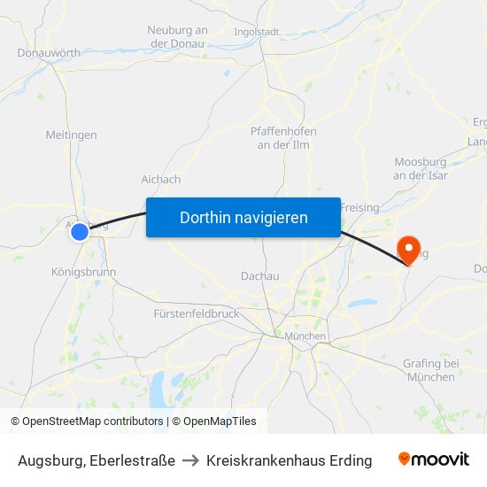 Augsburg, Eberlestraße to Kreiskrankenhaus Erding map