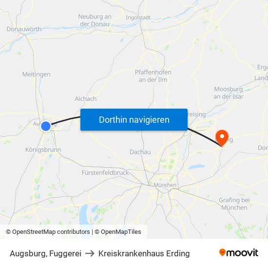 Augsburg, Fuggerei to Kreiskrankenhaus Erding map