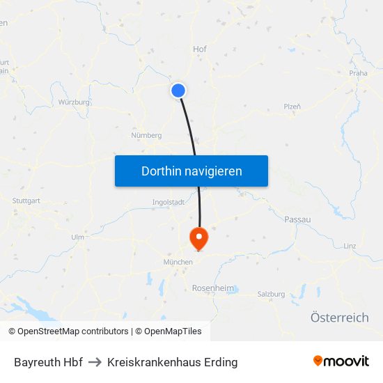 Bayreuth Hbf to Kreiskrankenhaus Erding map