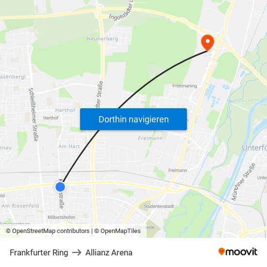 Frankfurter Ring to Allianz Arena map