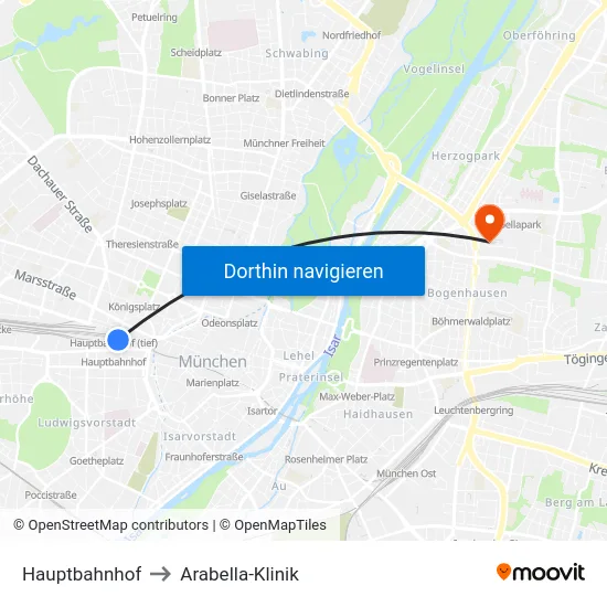 Hauptbahnhof to Arabella-Klinik map