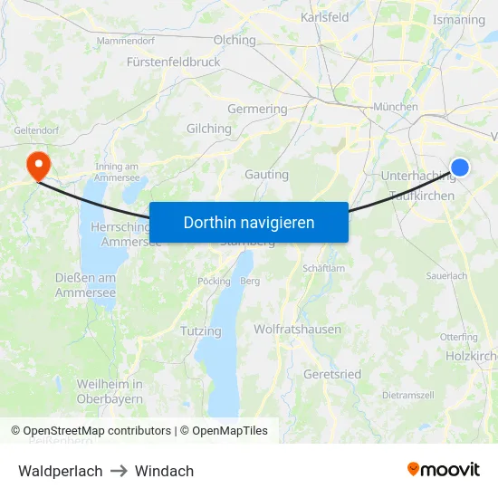 Waldperlach to Windach map