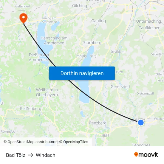 Bad Tölz to Windach map