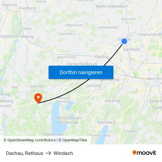 Dachau, Rathaus to Windach map
