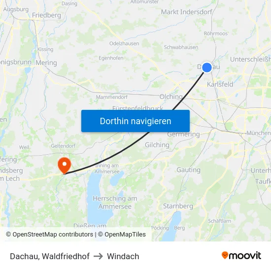 Dachau, Waldfriedhof to Windach map