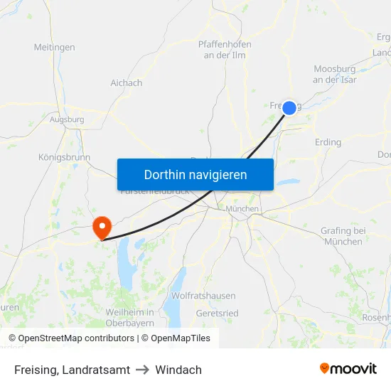 Freising, Landratsamt to Windach map
