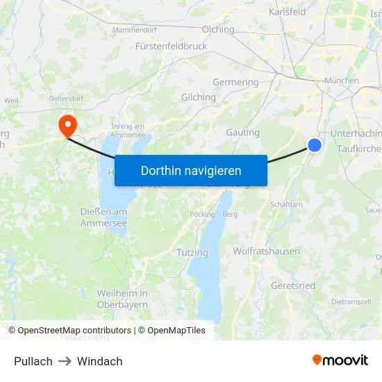 Pullach to Windach map