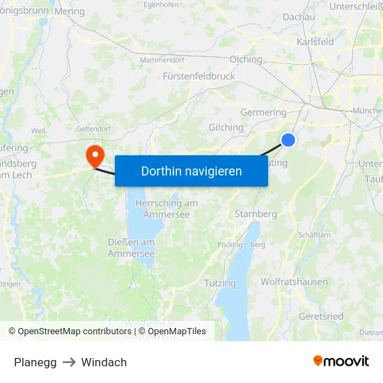 Planegg to Windach map