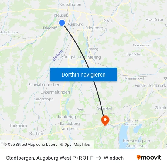 Stadtbergen, Augsburg West P+R 31 F to Windach map