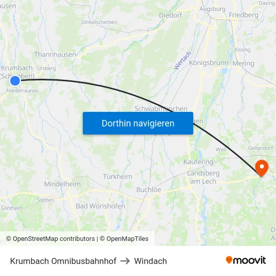 Krumbach Omnibusbahnhof to Windach map