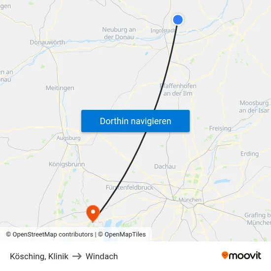 Kösching, Klinik to Windach map