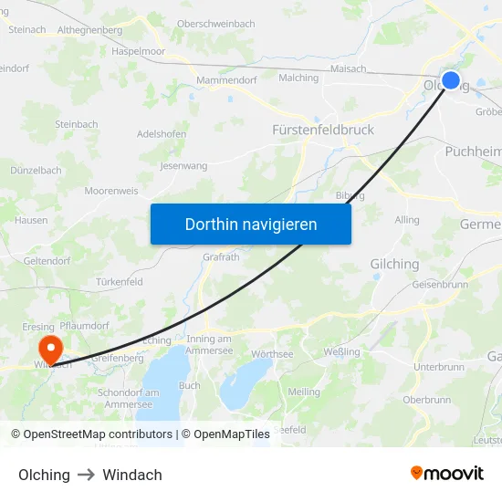 Olching to Windach map