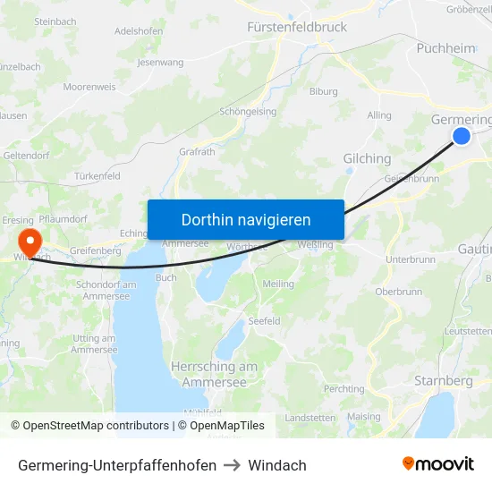Germering-Unterpfaffenhofen to Windach map