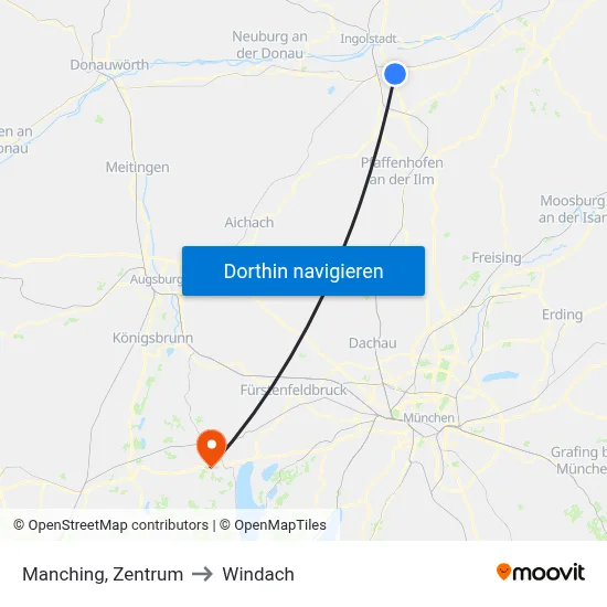 Manching, Zentrum to Windach map