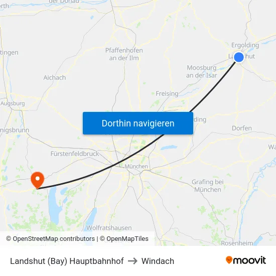Landshut (Bay) Hauptbahnhof to Windach map