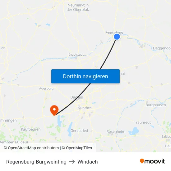 Regensburg-Burgweinting to Windach map