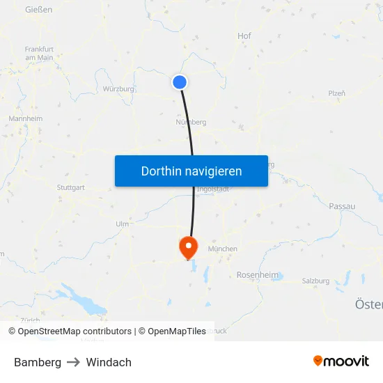 Bamberg to Windach map