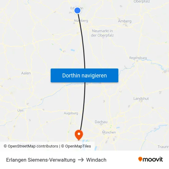 Erlangen Siemens-Verwaltung to Windach map