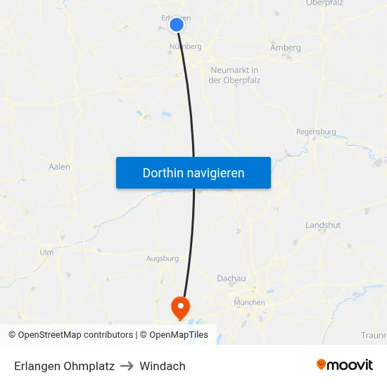 Erlangen Ohmplatz to Windach map