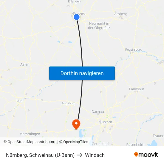 Nürnberg, Schweinau (U-Bahn) to Windach map