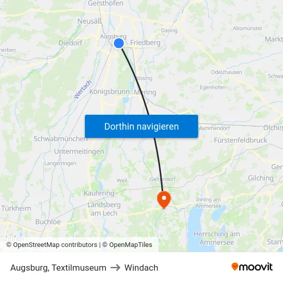 Augsburg, Textilmuseum to Windach map