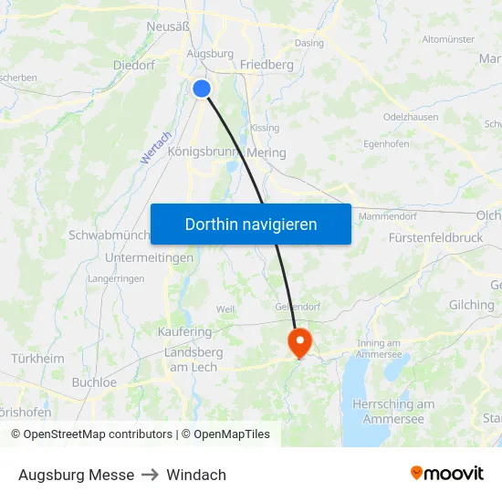 Augsburg Messe to Windach map