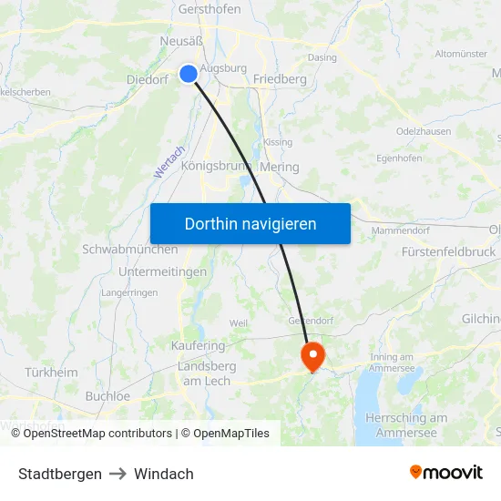 Stadtbergen to Windach map