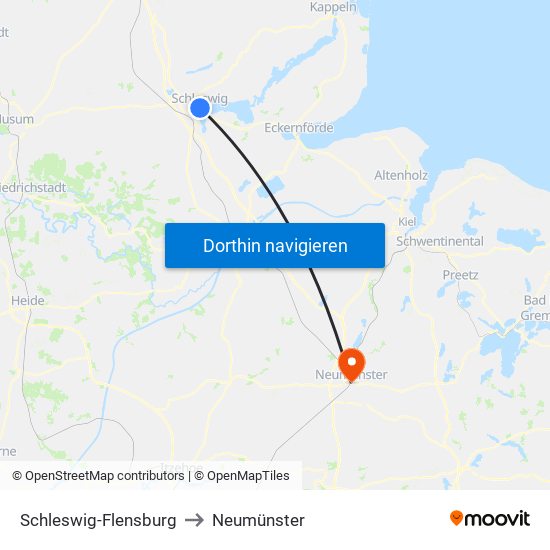 Schleswig-Flensburg to Neumünster map